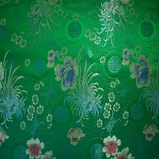 Green-Yellow-Multi Polyester Floral Chinese Brocade Woven Fabric By the Yard {2}