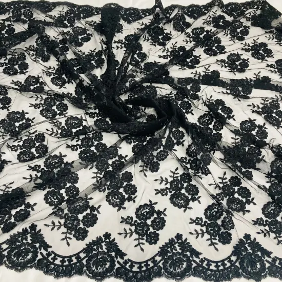 1 Yard Elegant Corded Lace Fabric Embroidered Bridal Mesh for Dresses 50" Width Navy {7}