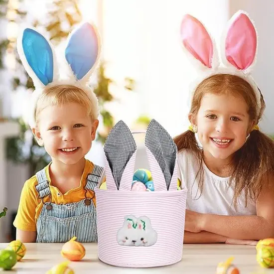 Personalized Easter Basket for Boys Girls, Seersucker Egg Hunt Bunny Baskets for Kids {2}