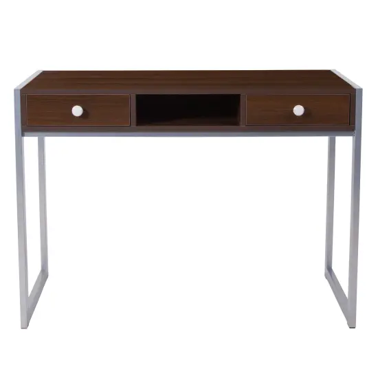 Emma and Oliver Dark Wood Grain Finish Desk with Two Drawers and Silver Metal Frame {3}