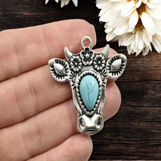 *5* 41x38mm Antique Silver w/Turquoise Boho Floral Cow Head Pendants {3}