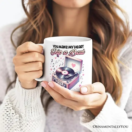 You Make My Heart Skip a Beat Mug, Vintage Turntable Vinyl Record Player Cute Gift {2}
