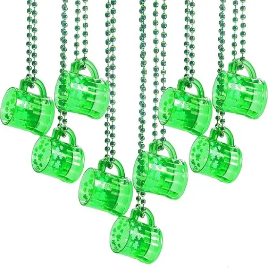 4E's Novelty St Patricks Day Beads Necklace With Shot Glasses Beer Mug Pack of 12 &ndash; Green Irish Gifts Party Favors Supplies, Costume Accessories (Transparent Green With Shamrock) {1}