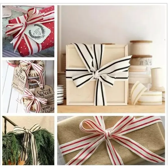 3/8" Natural Cotton Stripes Ribbon Striped Grosgrain Ribbon Striped Cotton Ivory {3}