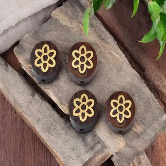 *5* 14x7mm Rosewood covered Brass Flower Coin Beads {2}