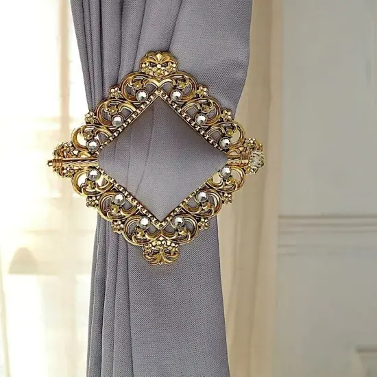 2 Gold 6" Square Plastic CURTAIN TIE Backs Baroque Design Acrylic Crystals Party {2}