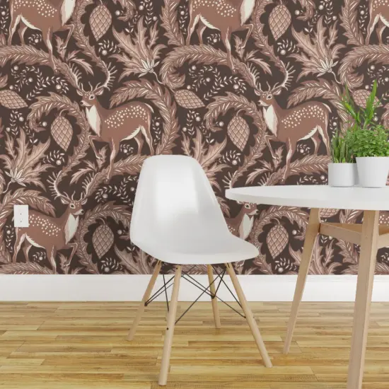 Peel & Stick Wallpaper 2FT Wide Flower Brown Floral Deer Christmas Plants Neutral Monochromatic Animal Print Magical Fairytale Cone Northern Earth Tone Custom Removable Wallpaper by Spoonflower {1}