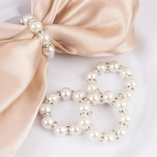 4 White Faux Pearl Beads Silver Rhinestones NAPKIN RINGS Party Event Decorations {2}