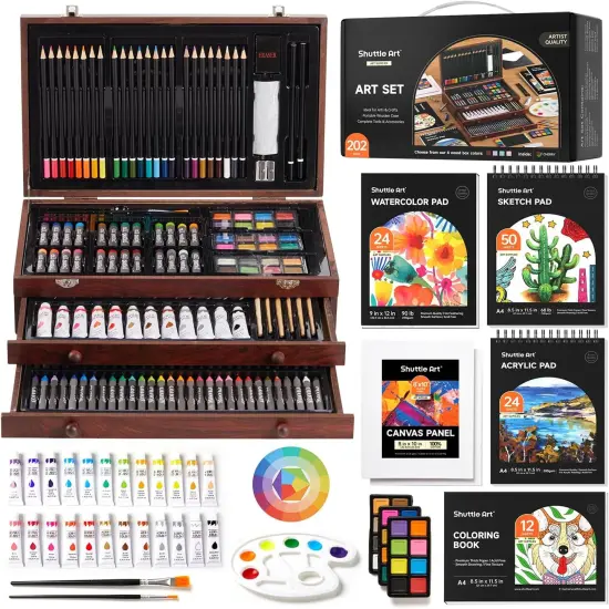 Deluxe Gift Art Kit, 202-Piece Wooden Art Supplies Set with 4 Drawing Pads, Canvases, Coloring Sheets, Acrylic Paint, Crayons, Oil Pastels, Colored Pencils for Kids {1}