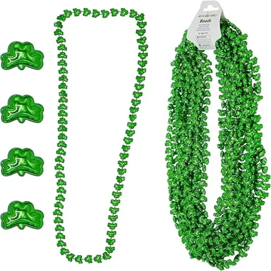 4E's Novelty St Patricks Day Beads Necklace Bulk (12 Pack) Shamrock Clover Green Beads - St. Patrick's Day Gifts for Kids, Kids Party Favor Supplies Costume Accessories {1}