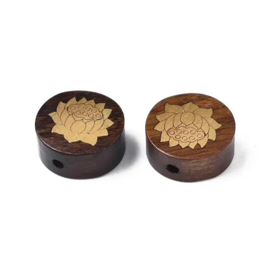 *5* 15x7mm Rosewood covered Brass Lotus Flower Coin Beads {4}