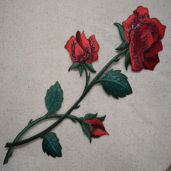 10" Red Rose, Flowers, Embroidered, Iron on Patch {3}