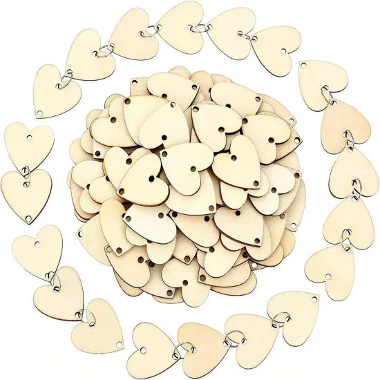 200 Pieces in Total, Wooden Heart Tags with Holes and Rings {4}