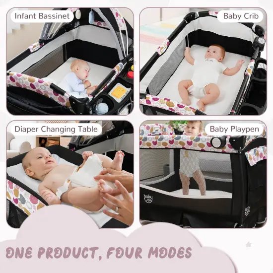 Babyjoy Pack & Play Baby Diaper Changing Table 4 in 1 Portable Foldable with Mattress Carrying Bag Black/Grey/Black+Pink {5}