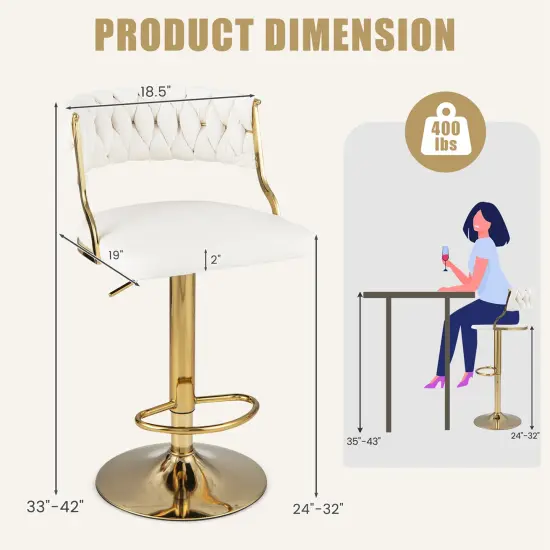 Costway Swivel Velvet Bar Stools Set of 2 Upholstered Adjustable with Woven Backrest Grey/Beige/Yellow {3}