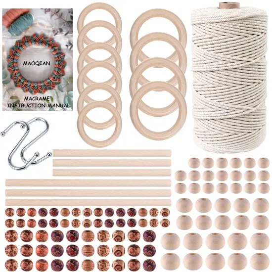 120 Pieces Macrame Kits for Beginners 3mm x 109yards Natural Cotton Macrame Cord with Wooden Beads & Rings,Wooden Sticks,Metal Rings Macrame Supplies Best for Macrame Plant Hanger {2}