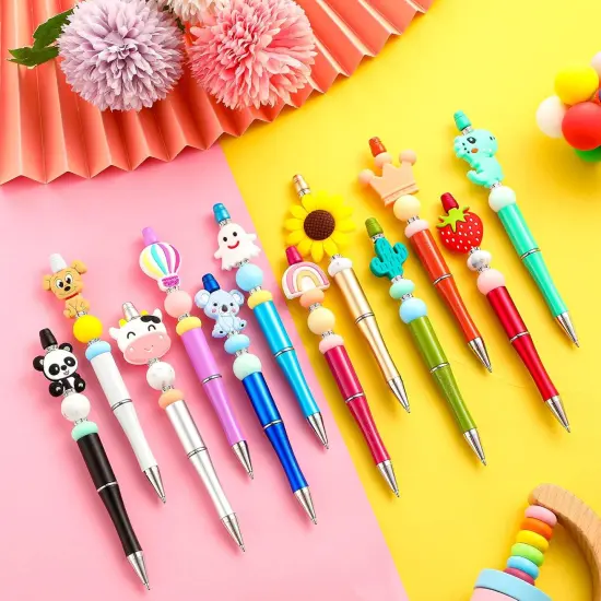 12 Pieces Beadable Pens Kit with Silicone Focal Beads, Animal Style, Black Ink, for DIY School Supplies Classic style {2}