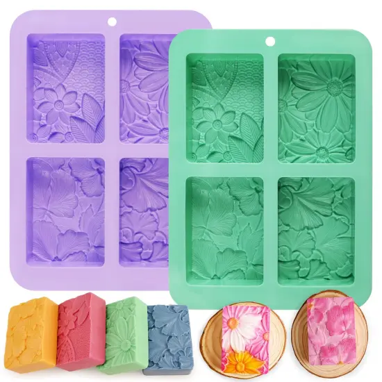 2 Pcs Flower Soap Molds Silicone-4 Cavities Rectangle Soap Mold 3oz,Flower Shapes Silicone Molds for Soap Bath Bombs Shower Steamer Lotion Bars {2}