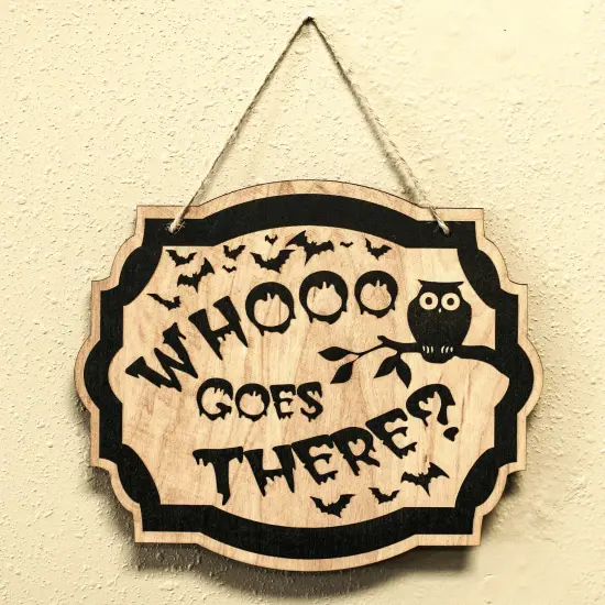 Whooo Goes There Owl - Black Halloween Door Sign 10x8 {5}