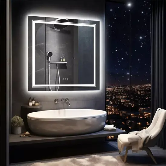 32x32" Square Led Bathroom Mirror Frameless Defogger Memory Touch Wall Mirror {4}