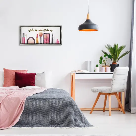 Stupell Industries Wake Up Make Up Watercolor Framed Floater Canvas Wall Art Gray Floater Frame {2}