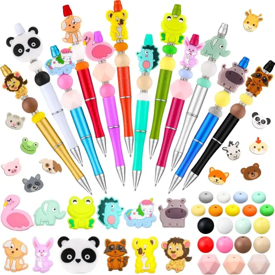 12 Pieces Beadable Pens Kit with Silicone Focal Beads, Animal Style, Black Ink, for DIY School Supplies Cute animal style {1}