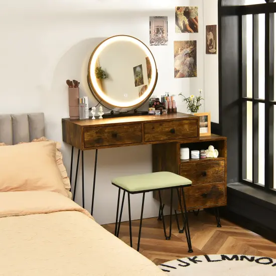 Costway Vanity Table Stool Set Dimmer LED Mirror Large Storage Cabinet Drawer Walnut\ Black\Brown\White {9}