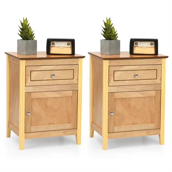 Costway 2PCS Nightstand with Drawer Accent Side End Table Storage Cabinet White\Natural {8}
