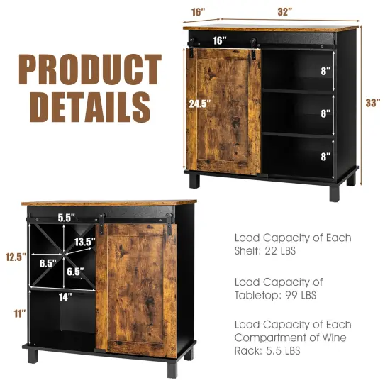 Costway Kitchen Buffet Storage Cabinet Sideboard w/Sliding Barn Door Wine Rack {4}