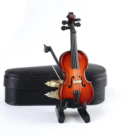 Wooden Miniature Violin with Stand,Bow and Case Mini Musical Instrument Miniature Dollhouse Model Home Decoration (3.15"x1.18"x0.59") {6}