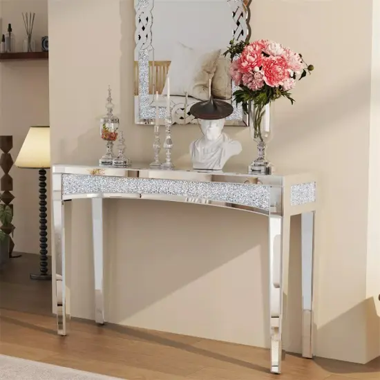 Heavy Duty Mirrored Console Table Diamond Vanity Dresser Desk Silver Glass Shelf {2}