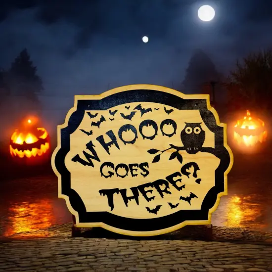 Whooo Goes There Owl - Black Halloween Door Sign 10x8 {6}