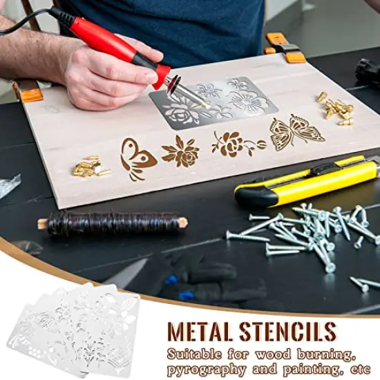 6 Pieces Mixed Metal Stencil Wood Stencil Templates Stencils for Journaling Wood Burning Stencils for Wood Carving Drawing Engraving Scrapbooking Journal Craft DIY(Plant Style) {3}