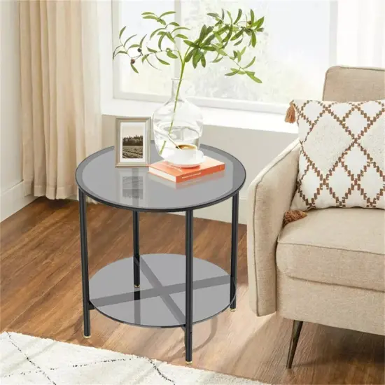 2 Tier Glass End Table Small Side Table Nightstand for Living Room Bedroom Grey {1}