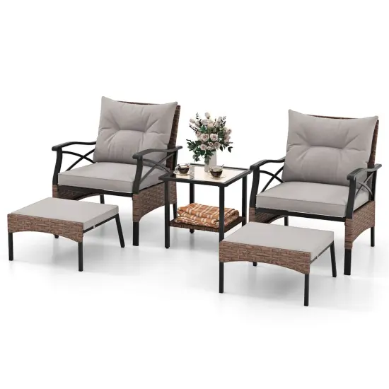 Costway 5 PCS Patio Furniture Set with 2-Tier Coffee Table & 2 Ottomans Cushions Included {2}