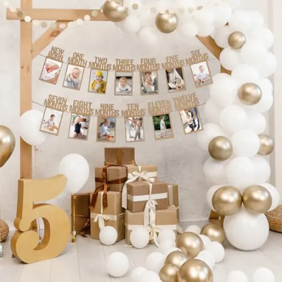 1st Birthday Baby Photo Banner for Newborn to 12 Months, First Birthday Decorations for Boys or Girls, First Birthday Photo Banner Pre-Strung with Frame,Monthly Milestones Birthday Party Kit {4}