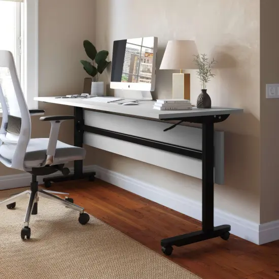 Emma and Oliver Hahn Heavy-Duty Flip Top Training Table with Nesting Design, Privacy Panel, T-Legs, Tabletop, Metal Frame Gray Top/Gray Frame {7}