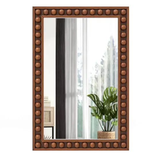 Costway 24" x 36" Rustic Decorative Wall Mirror with Solid Wood Frame Beads for Living Room Brown/White {8}