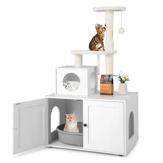 Costway 2-in-1 Wooden Litter Box Enclosure with Cat Tree Hidden Washroom Furniture White/Brown/Gray {8}