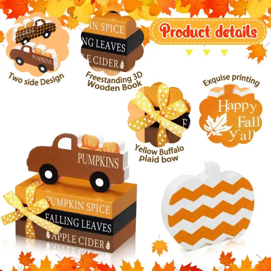 5 Pieces Fall Decor Fall Tiered Tray Decor Thanksgiving Wooden Signs 3 Mini Faux Decorative Books Bundle with Twine Pumpkin Wooden Truck Farmhouse Rustic for Autumn Thanksgiving Table Decor (Pumpkin) {5}