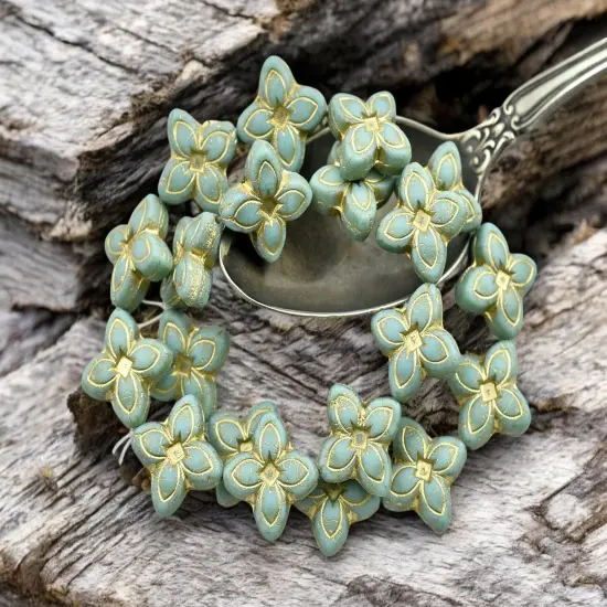 *10* 17mm Bronze Washed Matte Light Turquoise 4 Petal Lily Flower Beads {1}