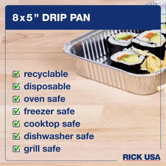 RICK USA: 8x5" Drip Pan - 25 Pack - Disposable Aluminum Foil, Multi-Purpose Baking & Cooking, Durable, Grill-Oven-Freezer-Dishwasher Safe, Recyclable {6}