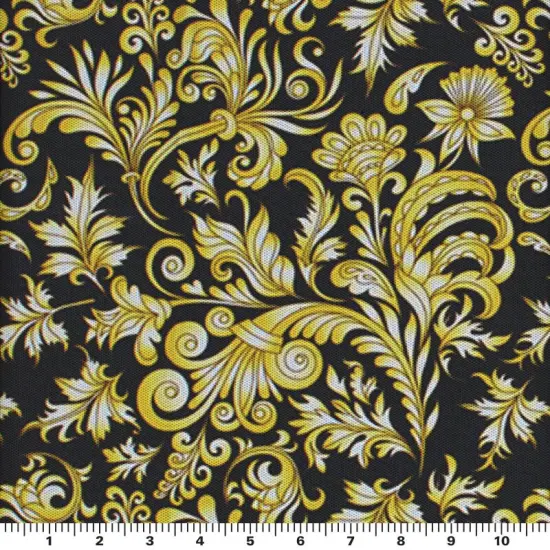 Gold Black Baroque Printed Power Mesh Fabric {2}