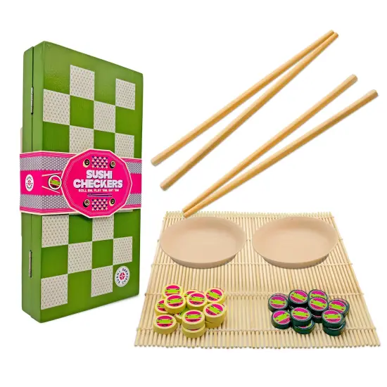 Project Genius: Sushi Checkers - Game & Sushi Making Set, Folding Bamboo Game Board, 24 Checkers & Chopsticks Set, Adults & Kids Ages 8+, 2 Players {1}