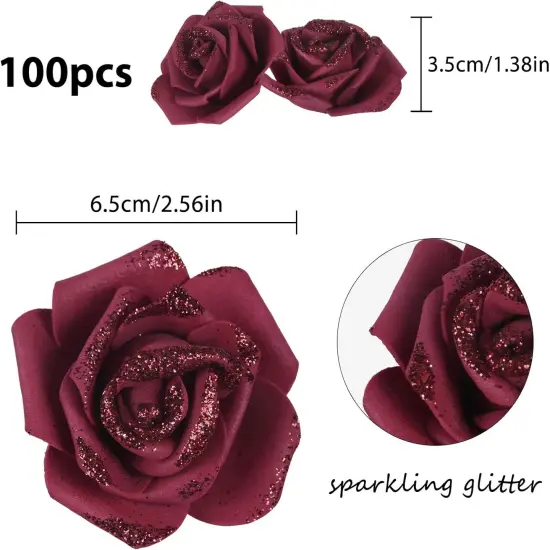 100pcs Burgundy Glitter Roses Foam Glitter Flowers Fake Roses {2}