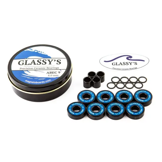 Glassy's Ceramic Bearings (8 Pack), ABEC 9 High Speed Skateboard Bearings with Washers, Spacers and a Glassy's Sticker (Black) {6}