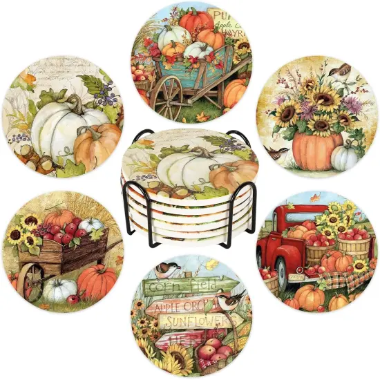 6Pcs Fall Ceramic Coasters with Holder Pumpkin Truck Sunflower {1}