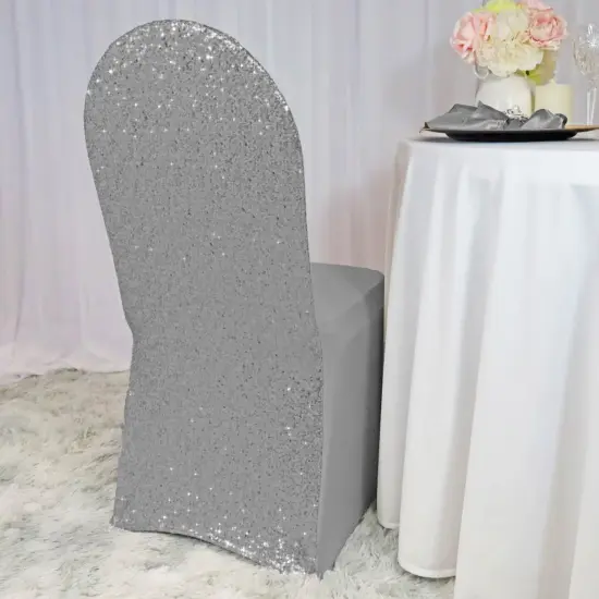 1 Piece Sequin Spandex Banquet Chair Cover Silver Stretch Sparkle Elegant Event Decor {2}