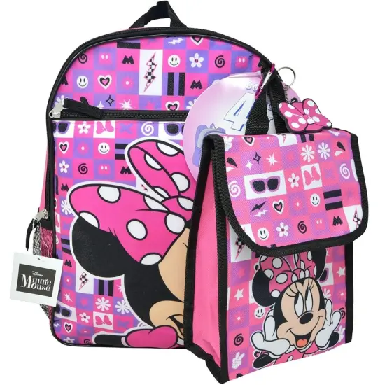 Walt Disney Minnie Mouse 16" Pink Nylon Backpack with Lunch Bag set for Girls 3+ {1}