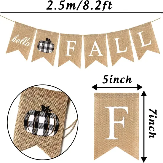 Hello Fall Burlap Banner Buffalo Check Plaid Jute Burlap Pumpkin Garland {2}